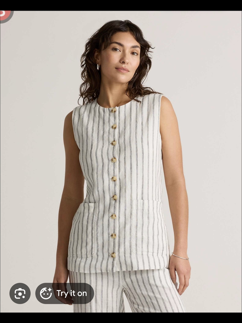 Quince Cream and Gray Striped Sleeveless Button-Down Top